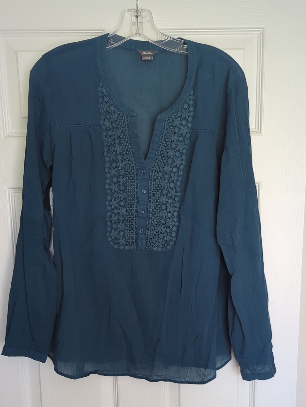 Eddie Bauer Boho Cotton Gauze Teal Lace-Trim Long-Sleeve Women's Blouse Medium